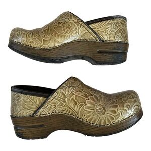 Dansko Metallic Gold Floral Embossed Leather Clogs